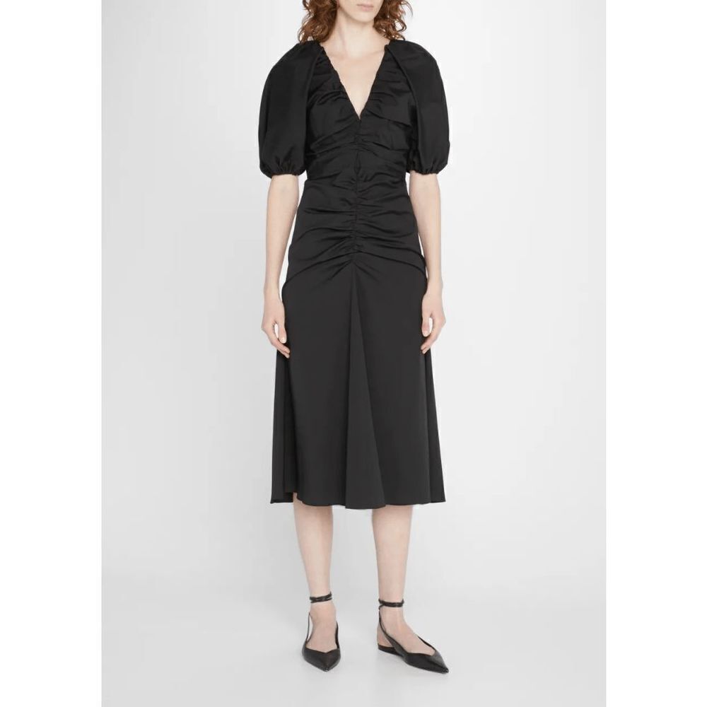 Carolina Herrera Plunging Puff Sleeve Ruched Midi Dress V Neck Zip Women Black 0